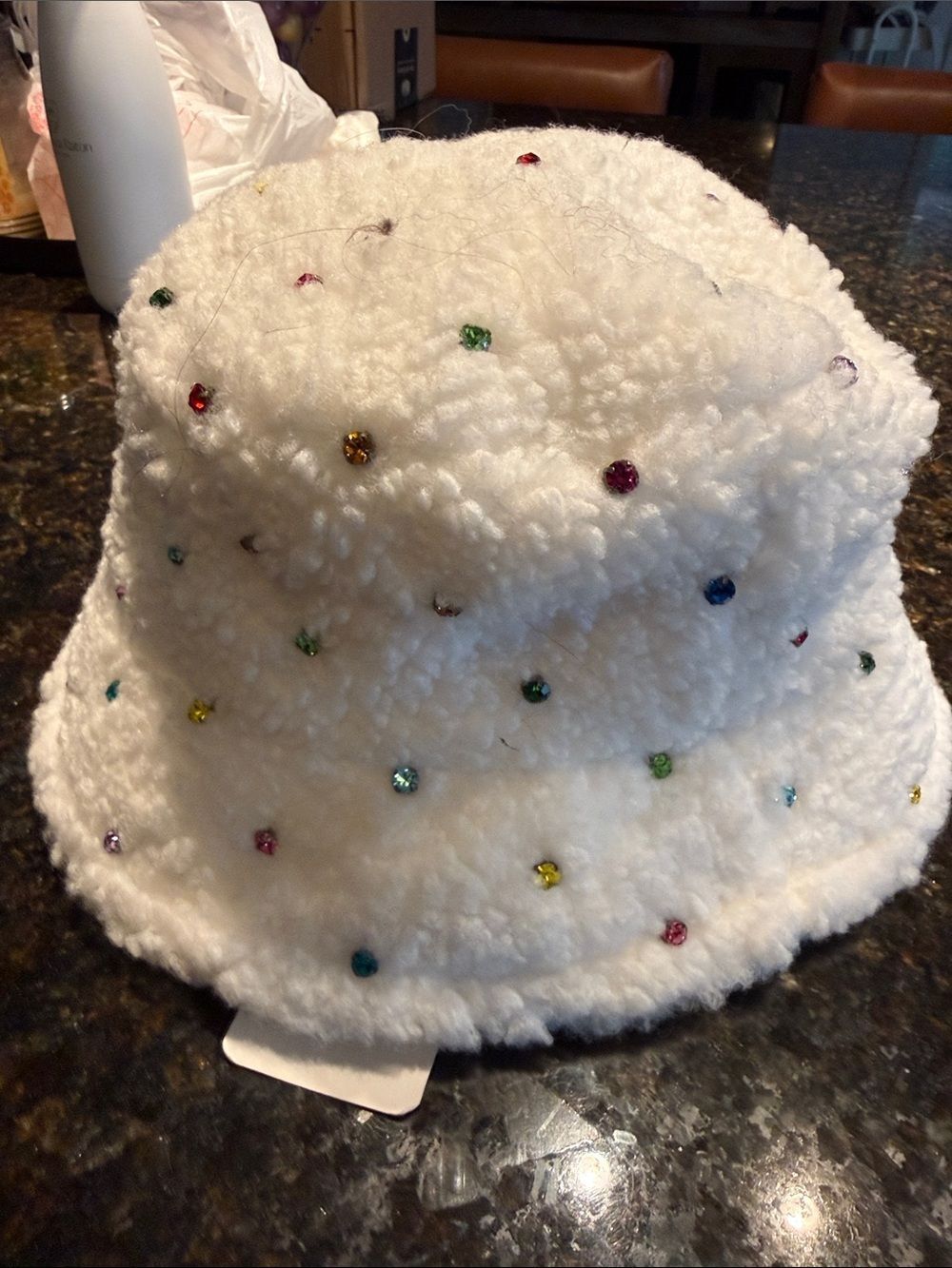 White Plush Bucket Hat Colorful Rhinestones - NWT - Extra Stones Included